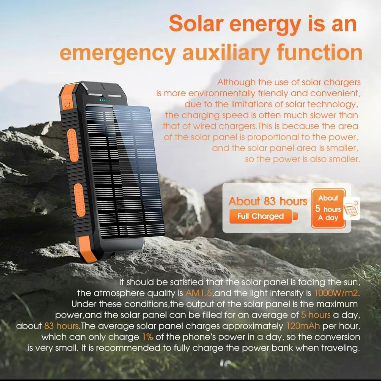 Solar Charger, 8000mAh Portable Solar Power For All Mobile Phones, Waterproof Battery Pack, Outdoor External Backup Power Charger Dual USB 5V Output -LED Flashlight, Perfect For Camping Trips