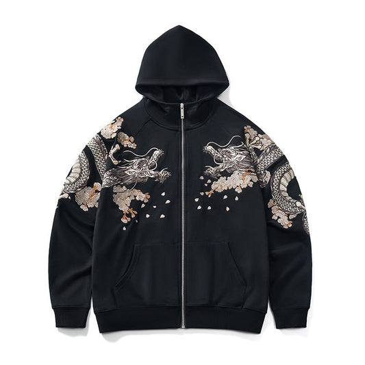 Men's Dragon Embroidery Long Sleeve Hooded Sweatshirt