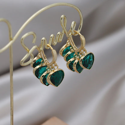 Korean Style Dancing Green Shade Green Heart Pendant Glass Ear Clip Female Earrings